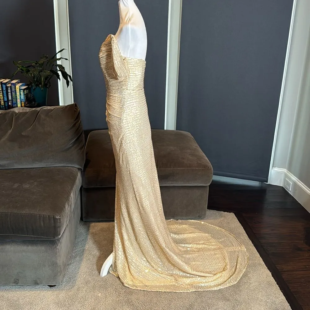 Women’s Gold Sequined Off the Shoulder Prom Party Dress Leg Slit Zip Back Size 2 - Image 7