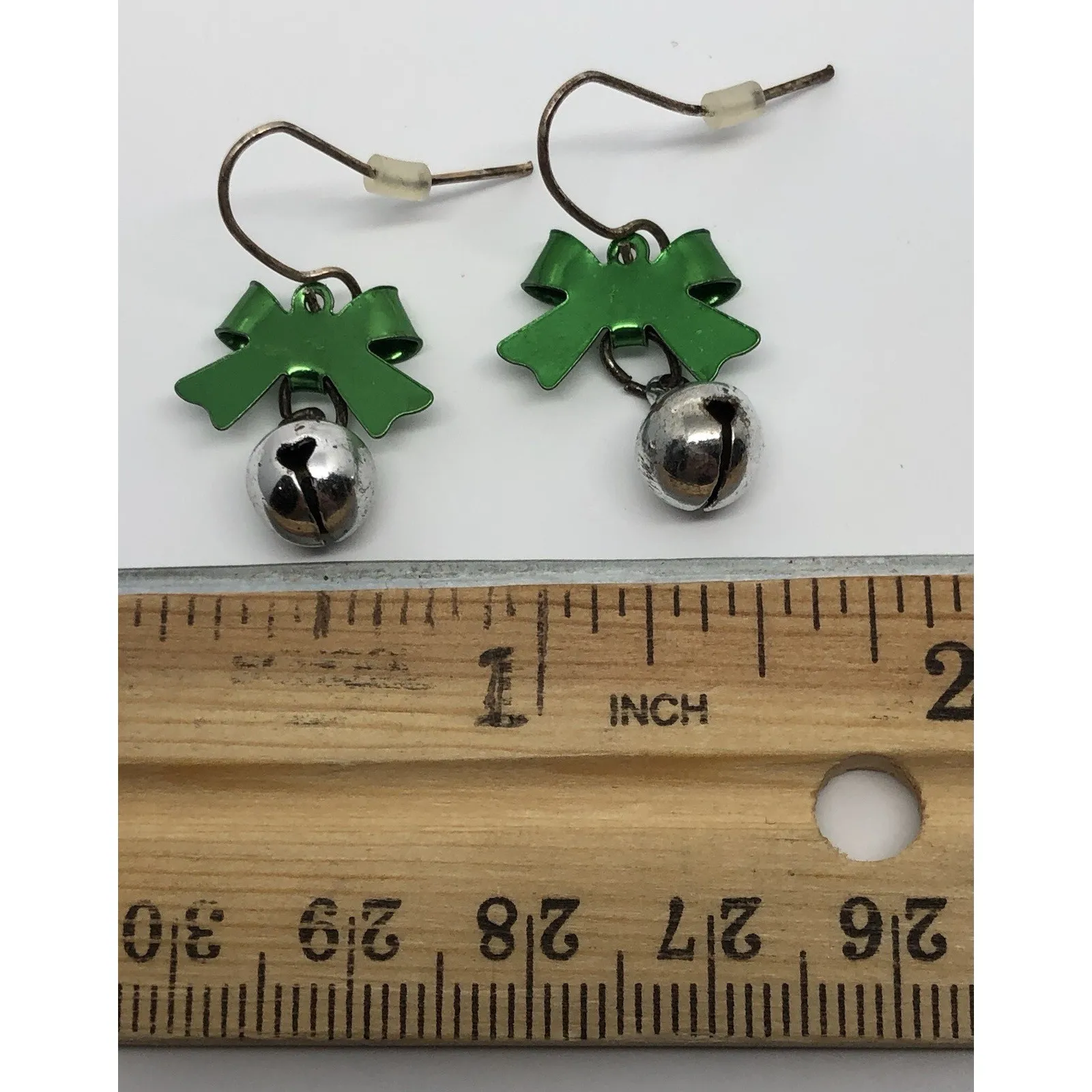 CHRISTMAS SILVER JINGLE BELLS, GREEN BOW FISH HOOK BACK‎ EARRINGS - Image 9
