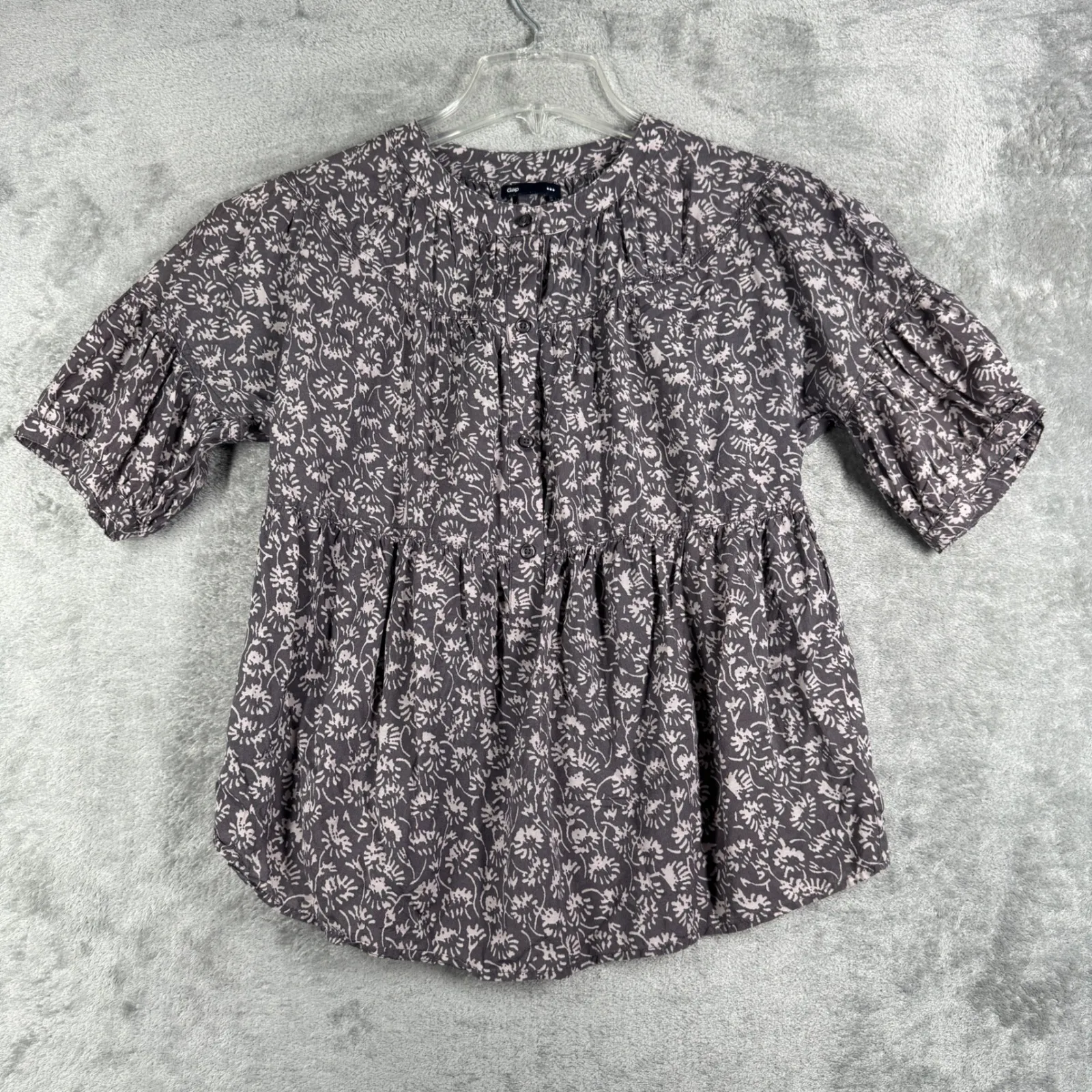 Gap Blouse Women Puff Sleeve Floral Print Popover Top Gray Neutral Casual Size S - Image 2