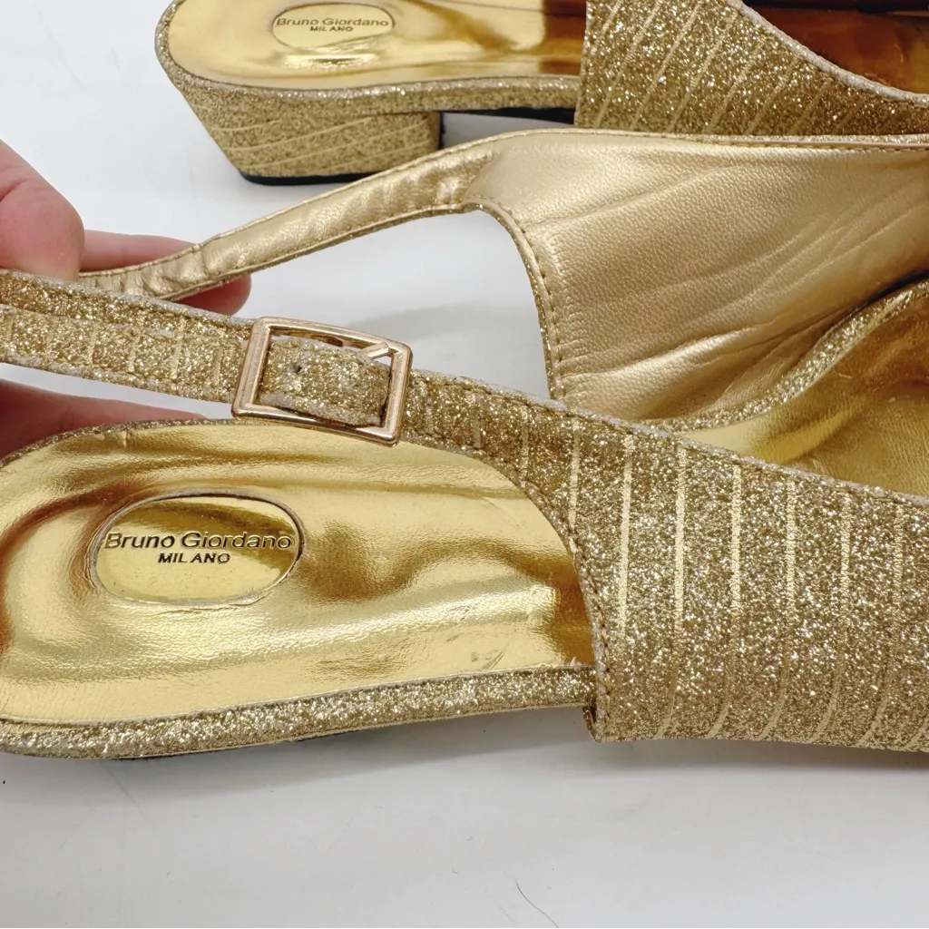Vintage Bruno Giordano‎ Milano Gold Glitter Peep Toe Slingback Heels Size 42 - Image 10