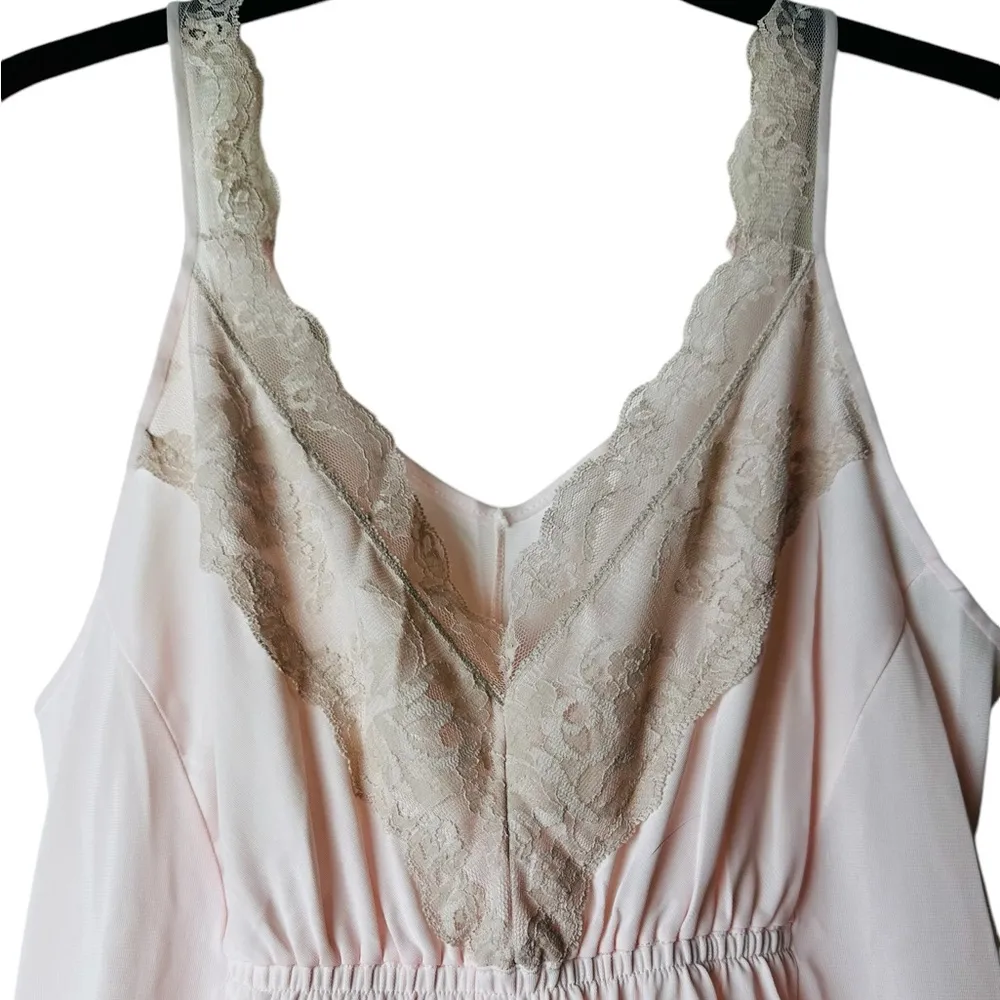 Vintage 80s Silky Nylon Lace Nightgown Slip Dress Romantic Cottage Small Pink - Image 2