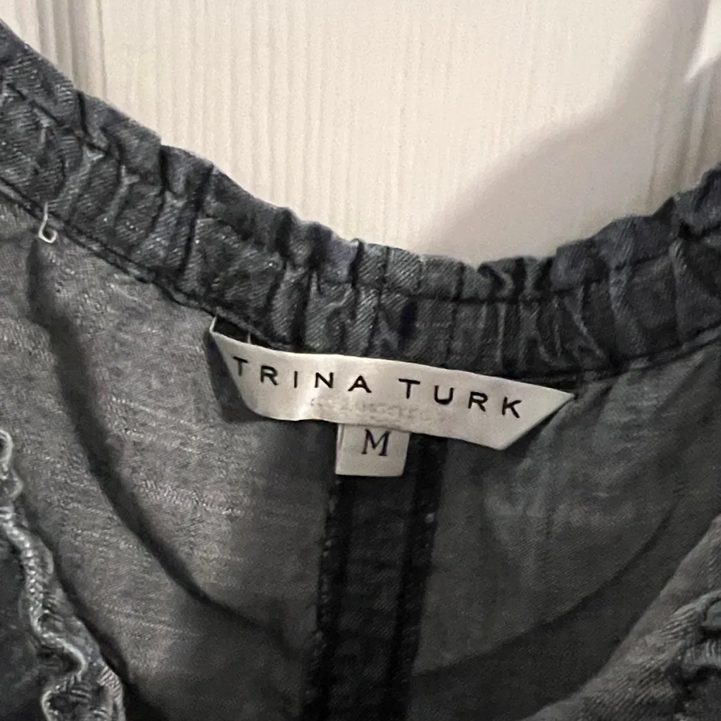 Trina Turk Dark Jean Dress. Off Shoulder With Spaghetti Straps. Raw hem. Size M - Image 2