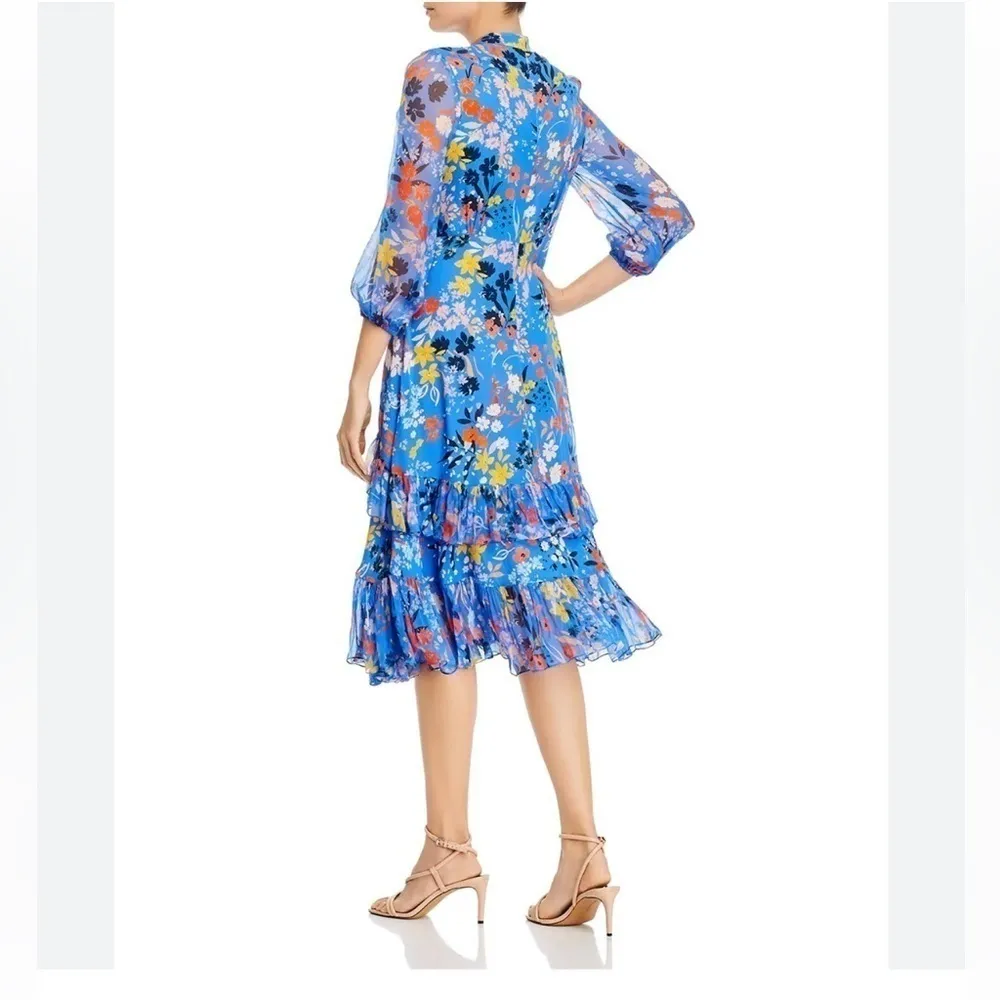 Womens Blue Zippered Ruffled Floral 3/4 Sleeve V Neck dress - Image 2