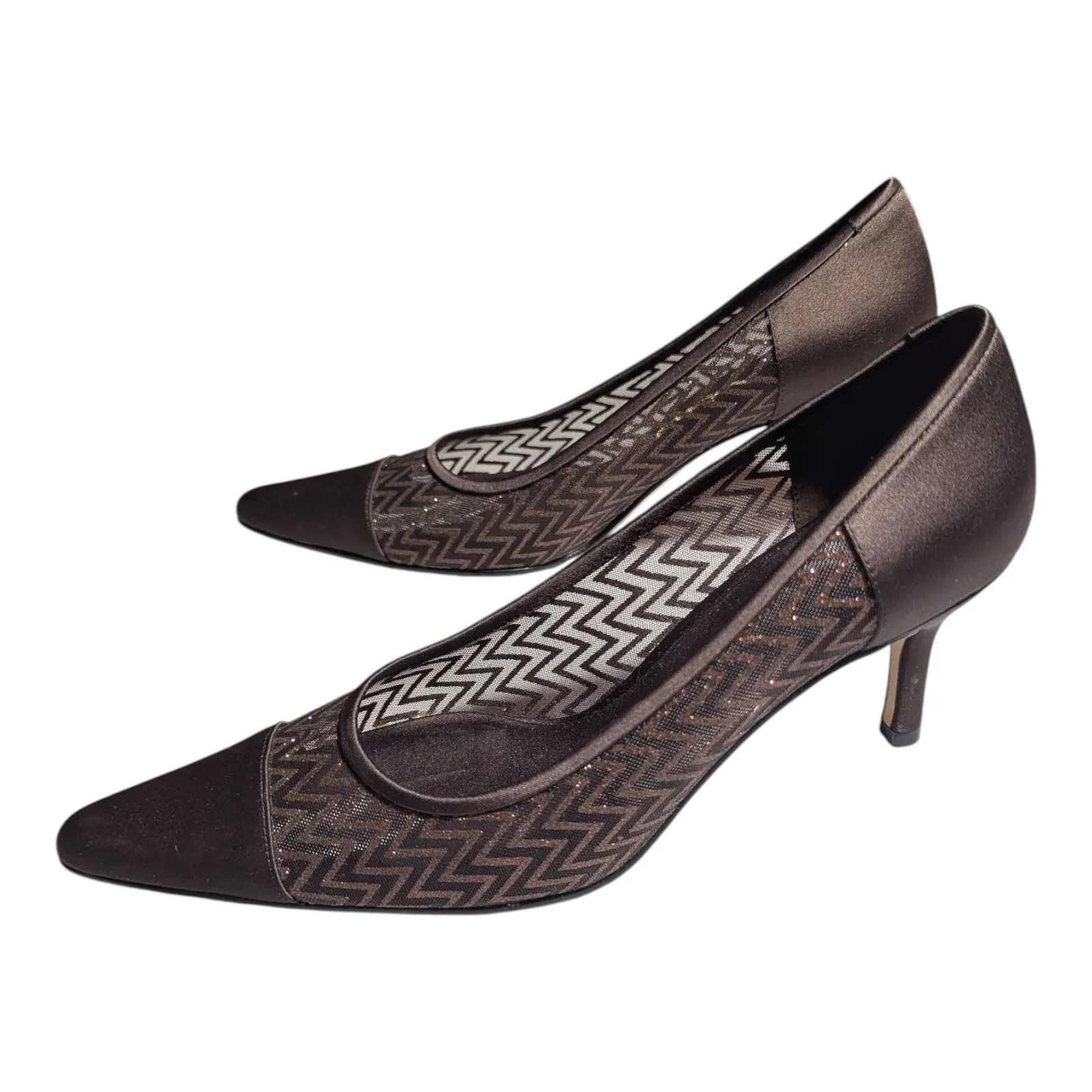 Vtg Y2K Nina Brown Pointed Satin Cap Toe Glitter Chevron Mesh Stiletto Pumps 8.5 - Image 6