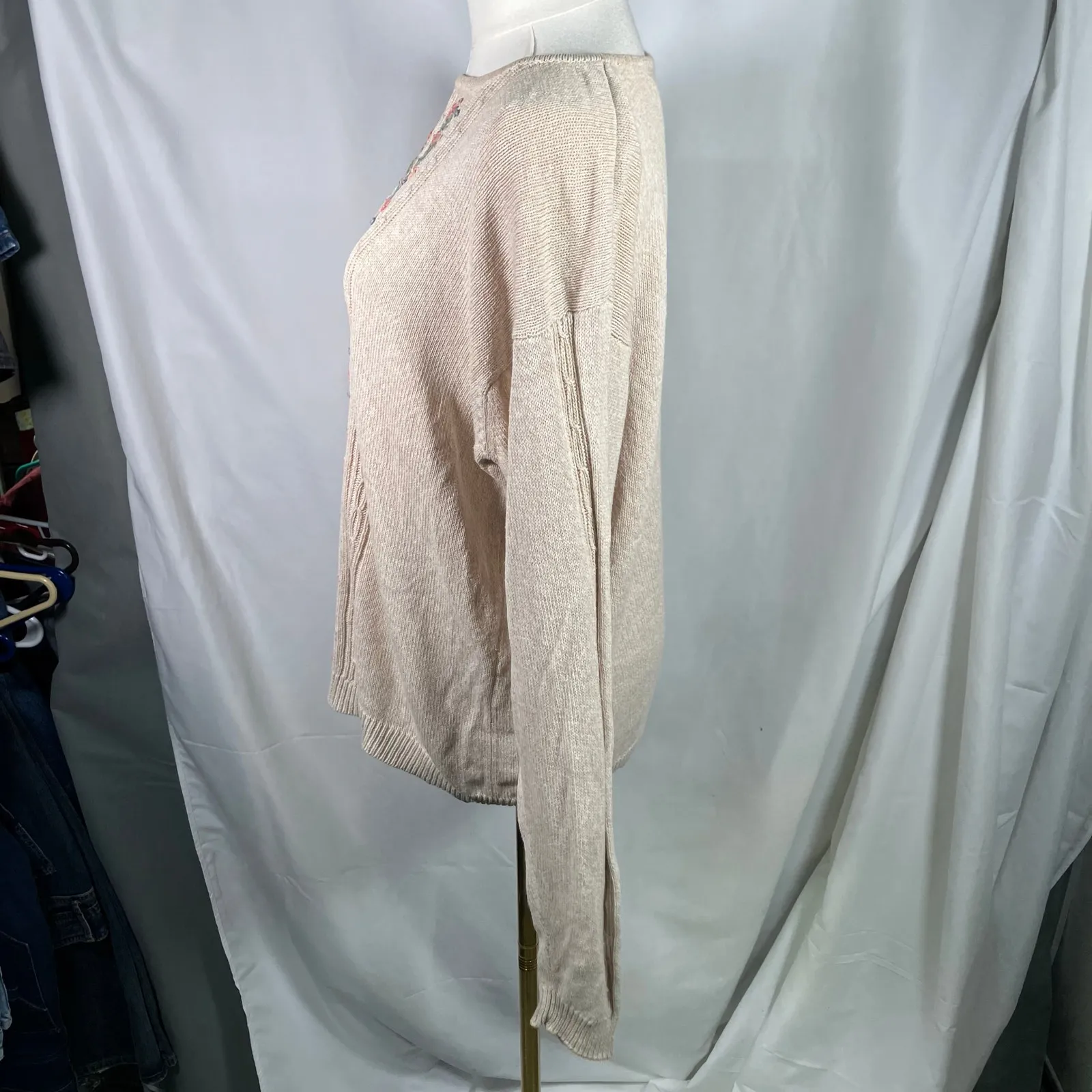 Cottage Essentials Embroidered Floral Sweater‎ Beige Ramie Cotton M Vintage Pink Size M - Image 10