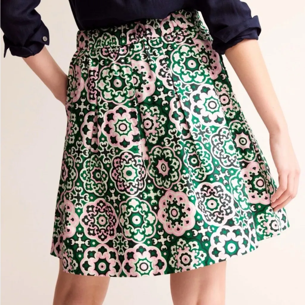 BODEN Pleated Cotton Skirt Green Green Pink Tambourine Artisian Geo Size 10 - Image 2