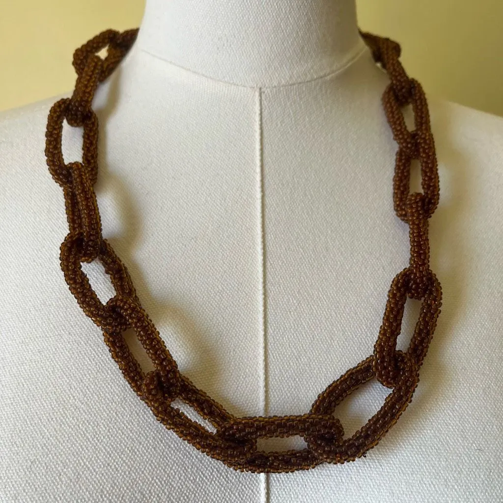 Vintage 70s Glass Seed Bead‎ Chain Link Necklace Brown Beaded Boho Statement Size 27 - Image 3