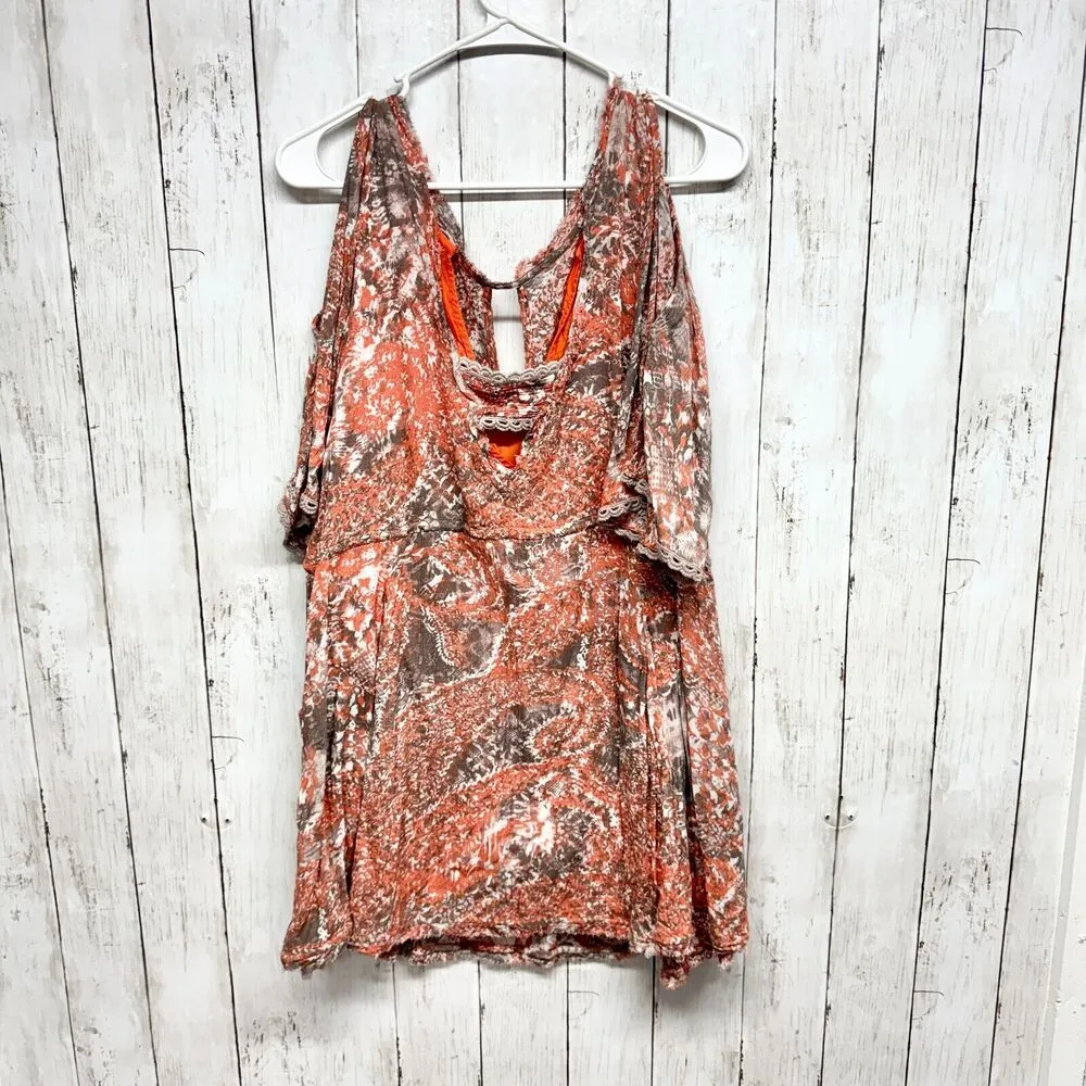 Free People Dress Women Size XS Boho Love Bird Orange Printed Cold Shoulder Mini - Image 3