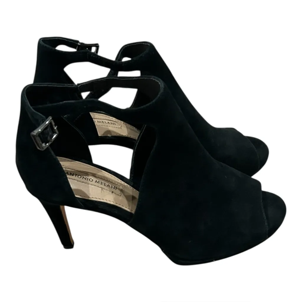 Antonio Melani Black Suede Cutout Peep Toe Ankle Strap Buckle Heels Size 7.5 M - Image 6