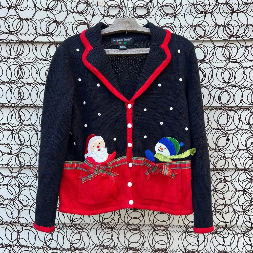 Vintage Y2K Ugly Christmas Winter Cardigan Sweater Santa Snowman Pockets PS Black Size undefined - Image 2