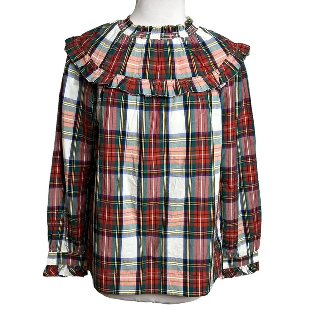 J. Crew Scallop Tie Neck Puff Sleeve Top In Stewart Tartan Plaid Sz M - Image 2