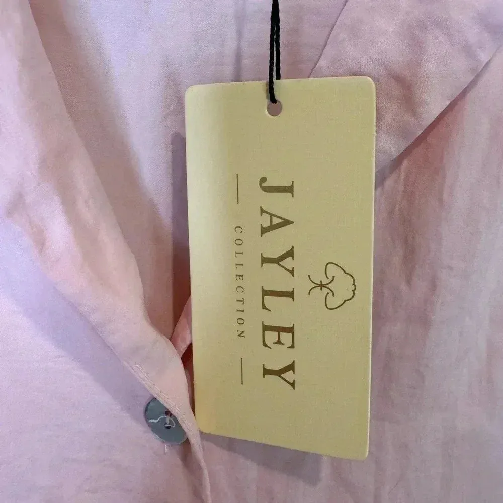 JAYLEY Pink Awilix Day to Night Feather Trim Silk Sleep Trim Long Sleeve Blouse‎ Size undefined - Image 10