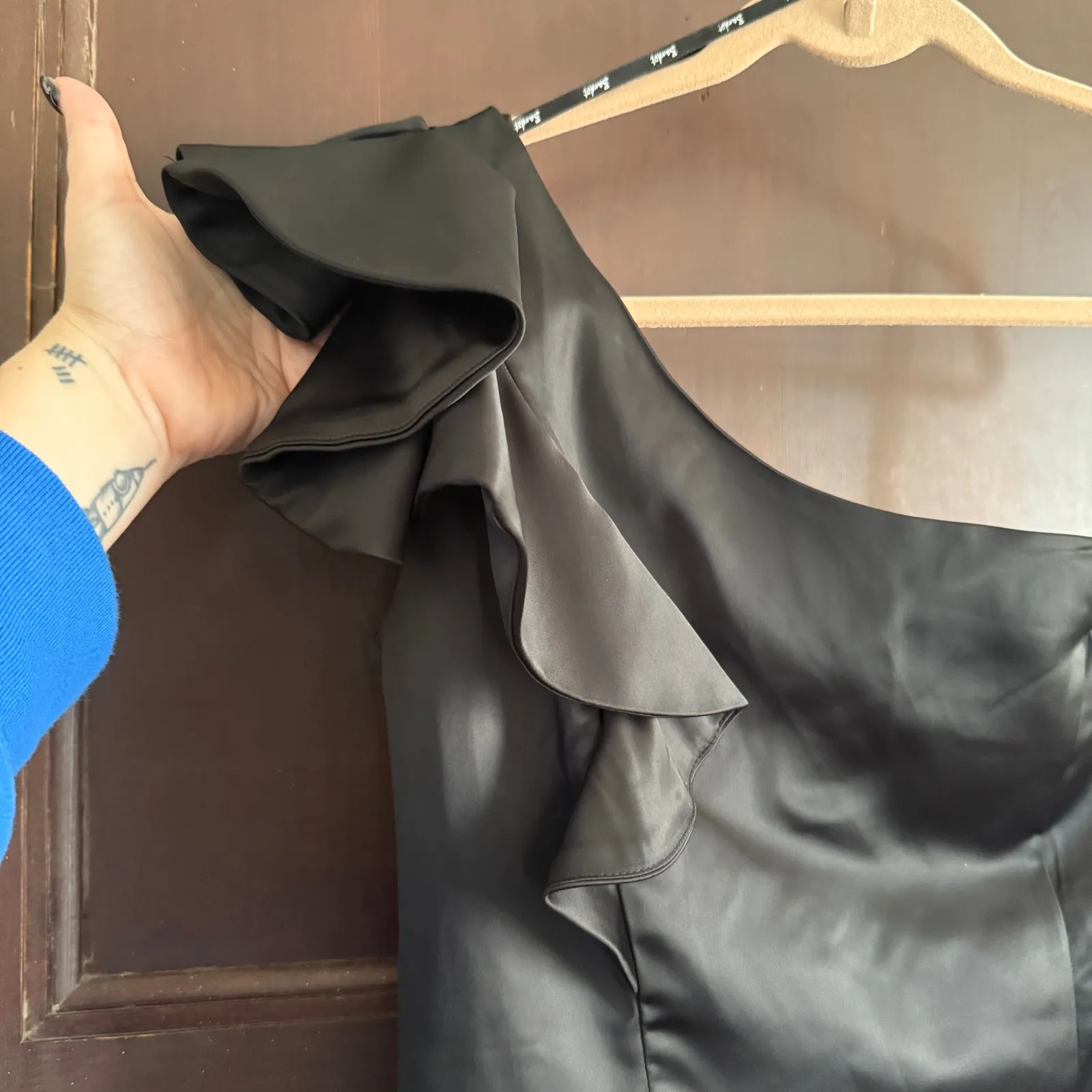 BARDOT | Black Satin One Shoulder Ruffle Sleeve Mini Cocktail Dress LBD | Size 6 - Image 6