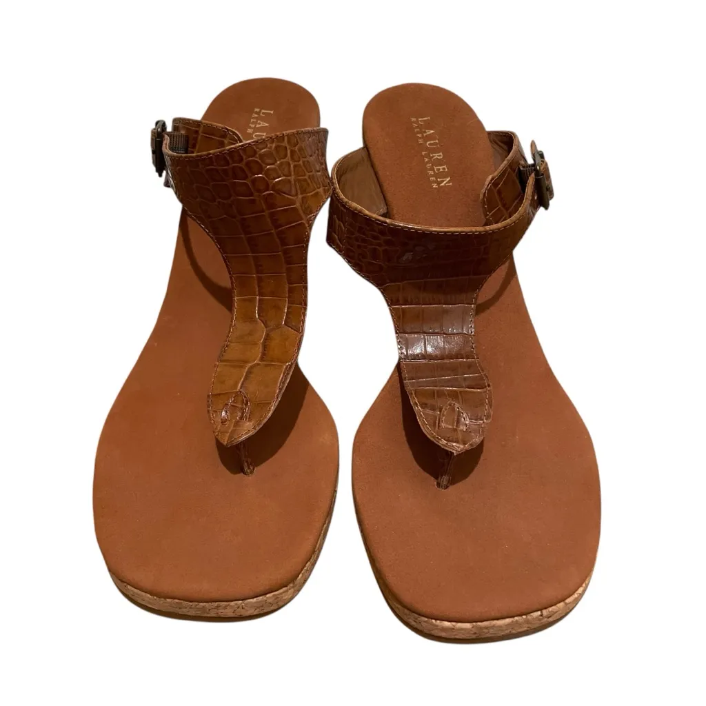 Lauren Ralph Lauren Ayva Polo Tan Embossed Croc Wedge Sandals Womens Size 11 - Image 4