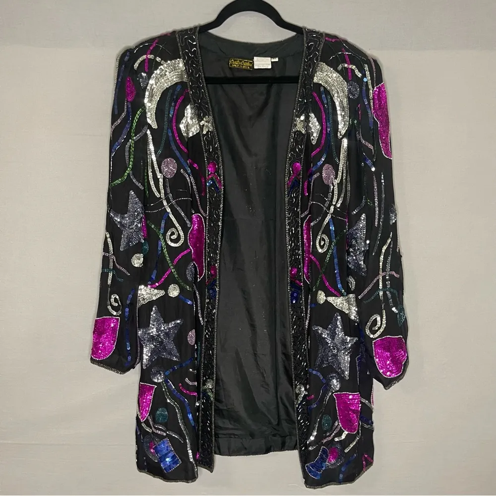 Vintage Creative Creations Beaded Sequin Glamour Jacket Stars Moon Heart Size XL Black - Image 2