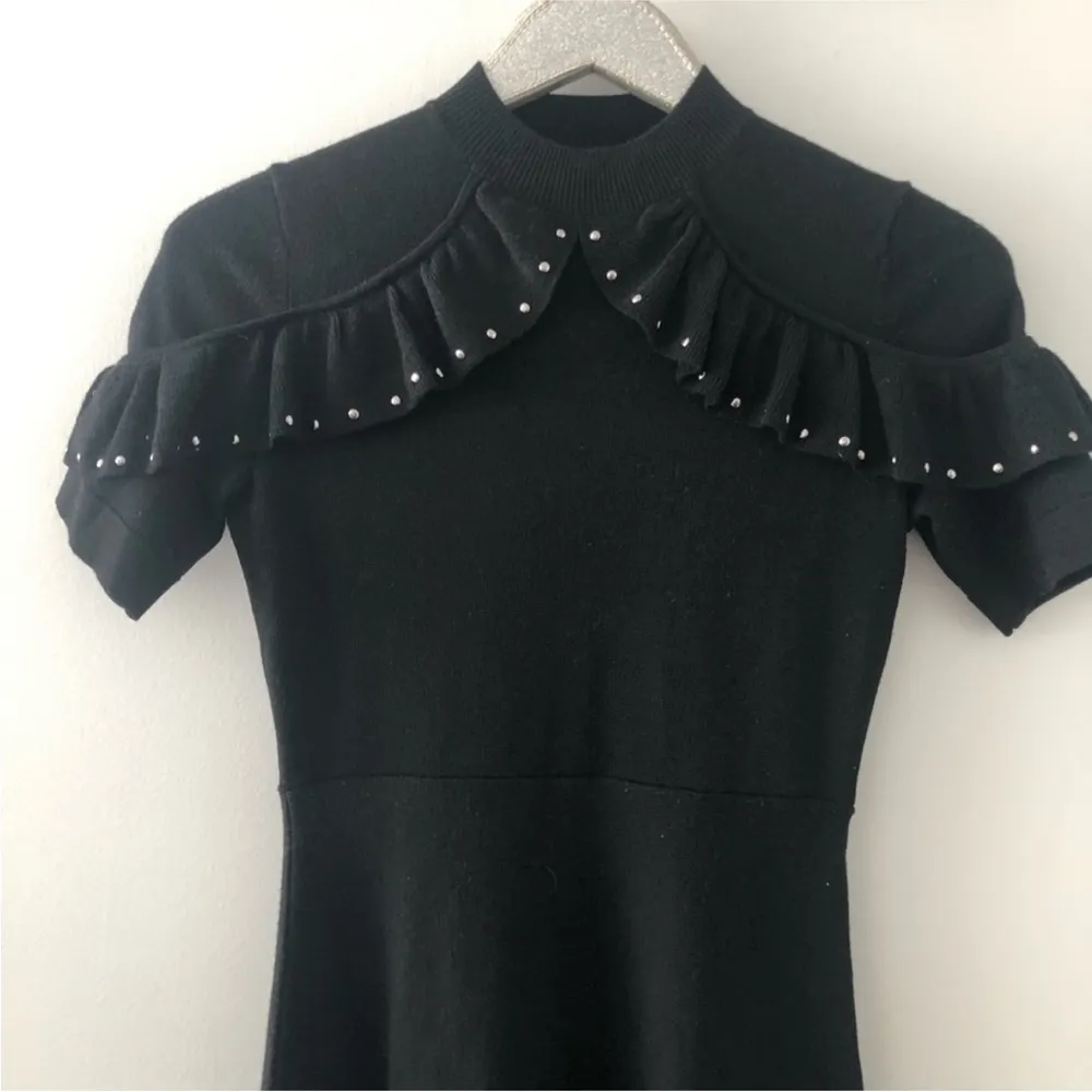 Kate Spade Black Wool Ruffle Metal Stud Embellished Short Sleeve Sweater Dress - Image 3