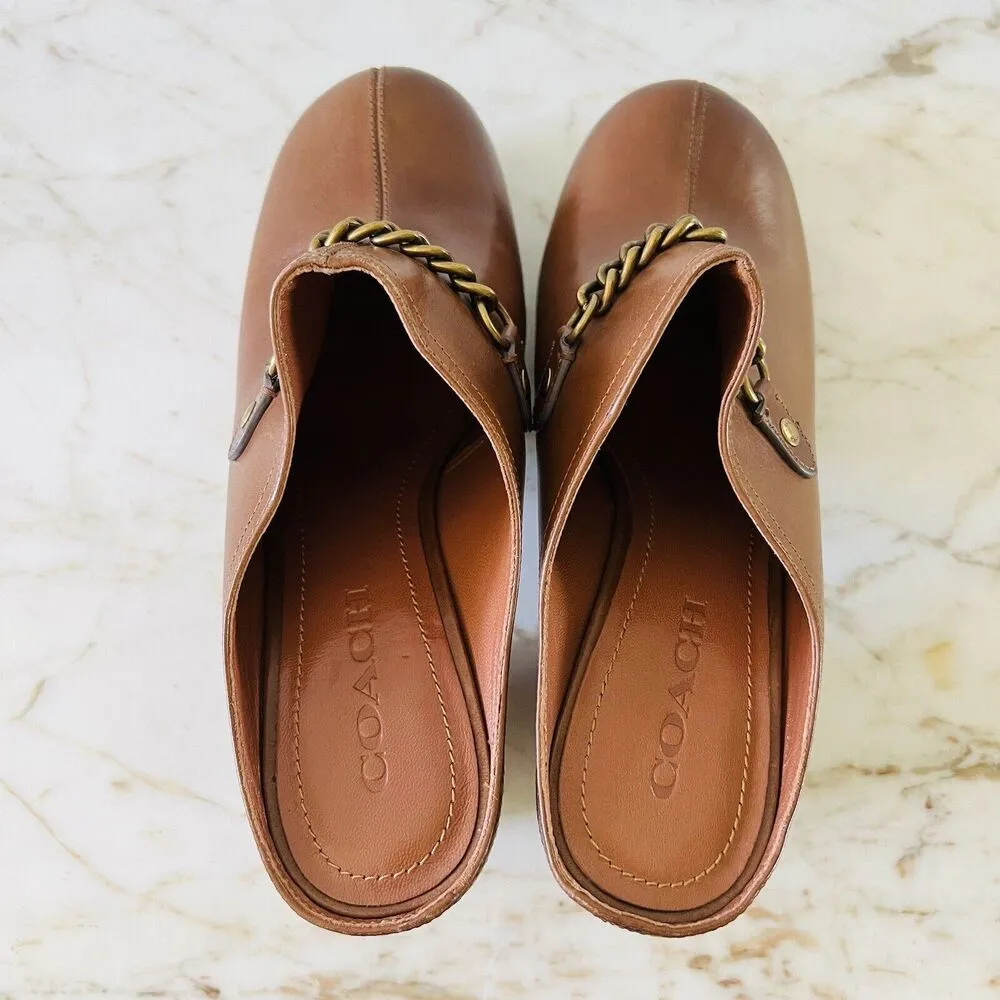COACH Brown Leather Metal Chain Slip On Clog With High Chunky Heels - US 9.5 - Image 8