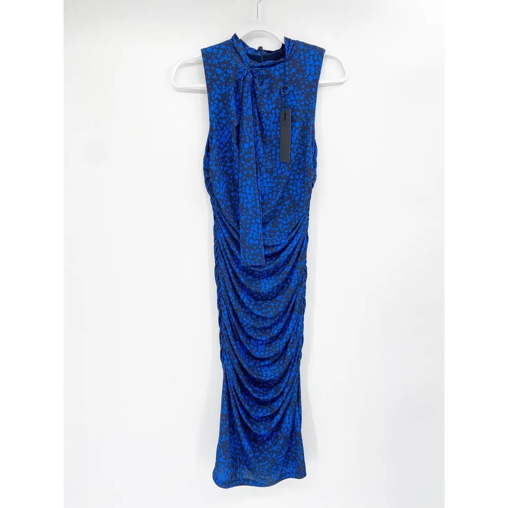 Black Halo Shaw Blue Black Floral Sleeveless Shirred Mock Neck Midi Dress Size 8 - Image 3