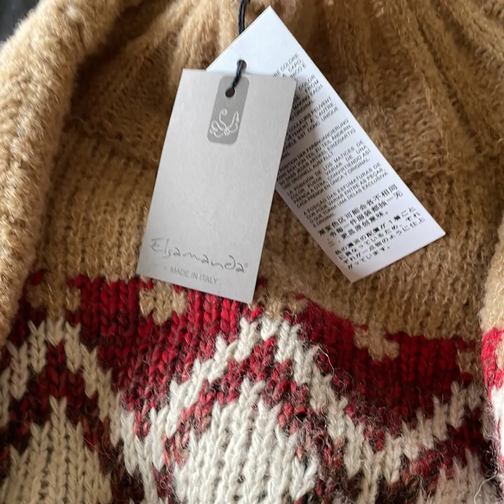 NWT Elsamanda Made in Italy Boucle Aztec Argyle Sweater Alpaca Wool Blend Tan Size M - Image 6