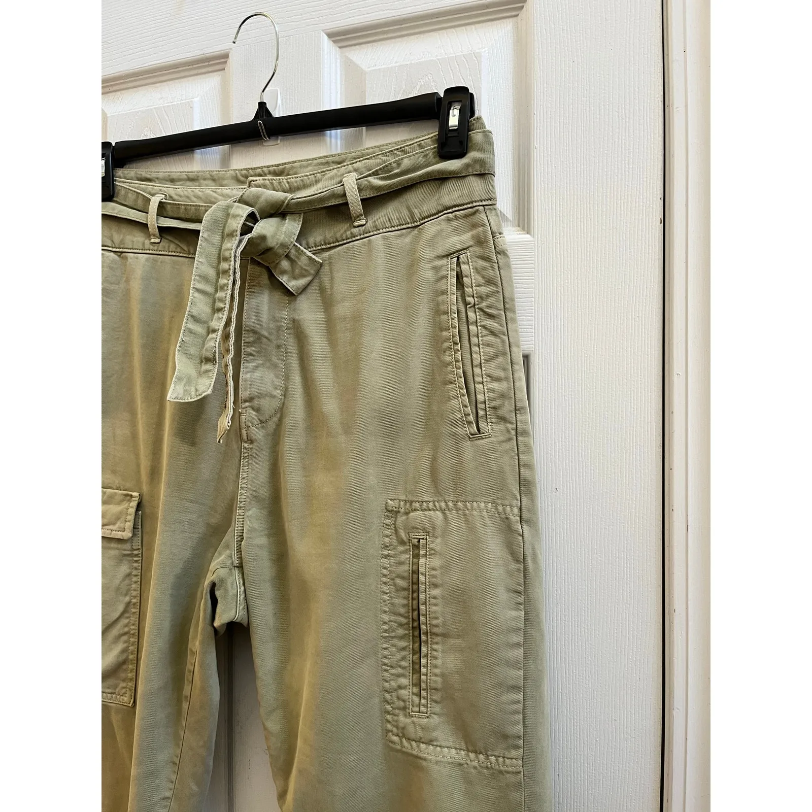 Zara Size 10 Green Cotton Waist Tie Cargo Pockets Pants 25 Inch Inseam Utility - Image 7