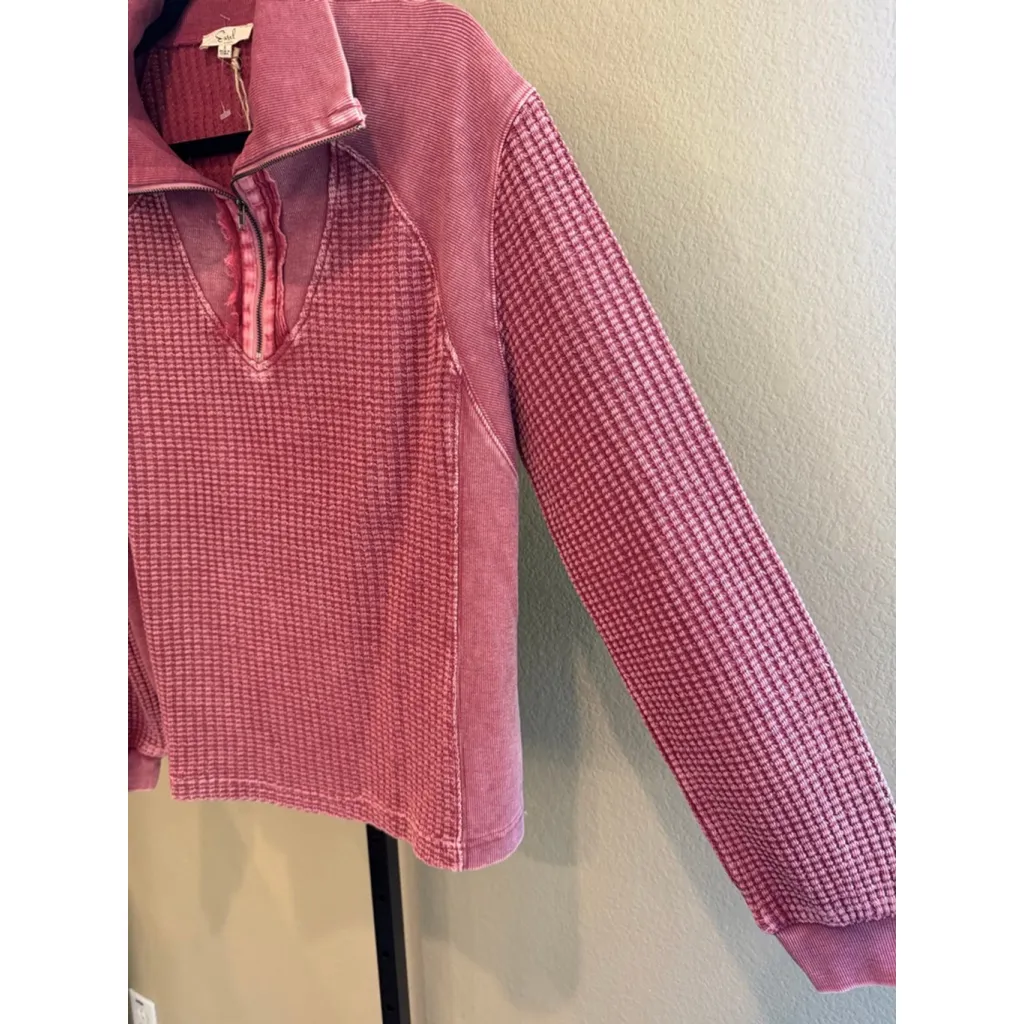 Easel Women's Thermal Waffle Knit Zip-Up Washed Long Sleeve Top Mulberry Size S - Image 6