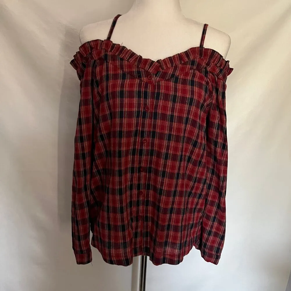 Hayden Off Shoulder Button Womens Top Sz S Plaid Sweetheart Strap Red Western - Image 10