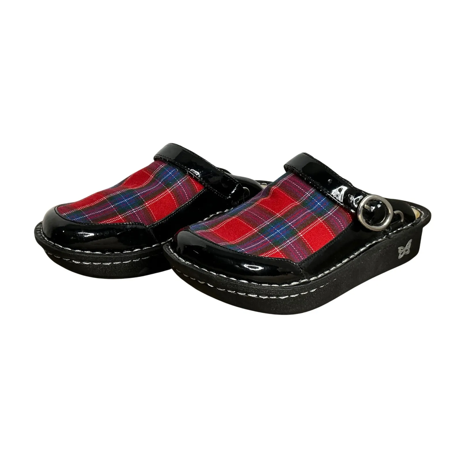 Alegria Clogs Tartan Plaid Patent Leather Slip On Platform Mules Black Red Sz 4 - Image 8