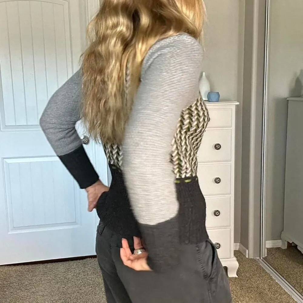 Grey pink and green knit sweater with a cowl neck and tie waist Gray - Image 5