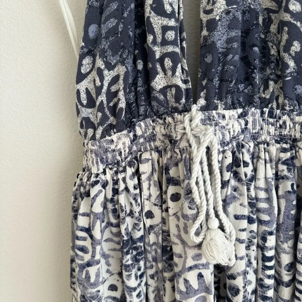 Free People Size Small Boho White Blue Beach Day Backless Halter Mini Dress - Image 5