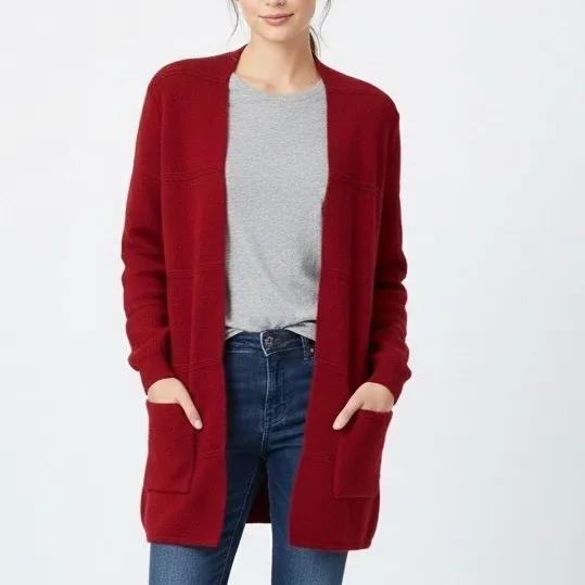 JOSEPH A Petite Cardigan Sweater Red Striped Knit Pockets Open Front PS Size undefined - Image 5