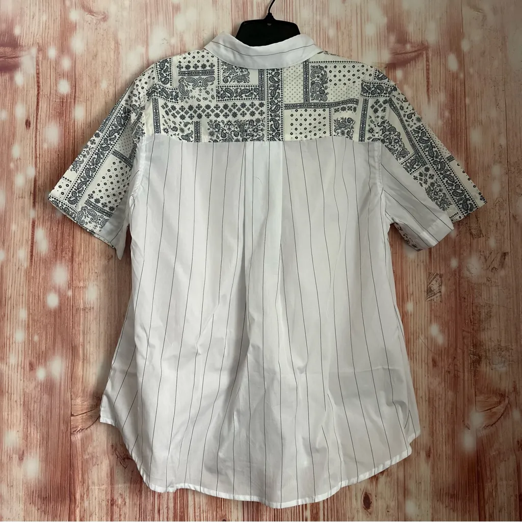 Clu Too White Striped Blue Bandana Paisley Mixed Media Printed Button Up Shirt Size M - Image 7