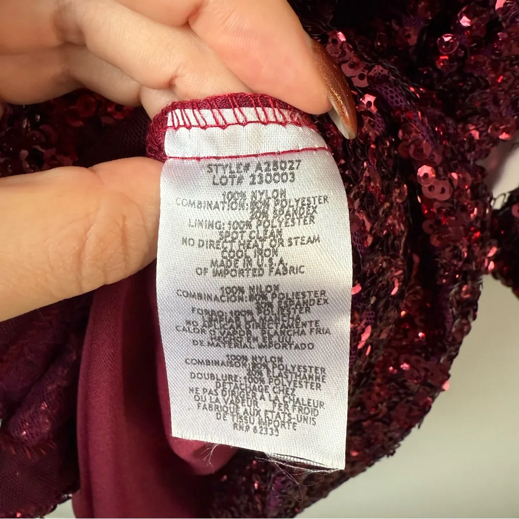 Betsy & Adam Sequins Long Sleeve Belted Mini Dress Sangria Red 10 - Image 8