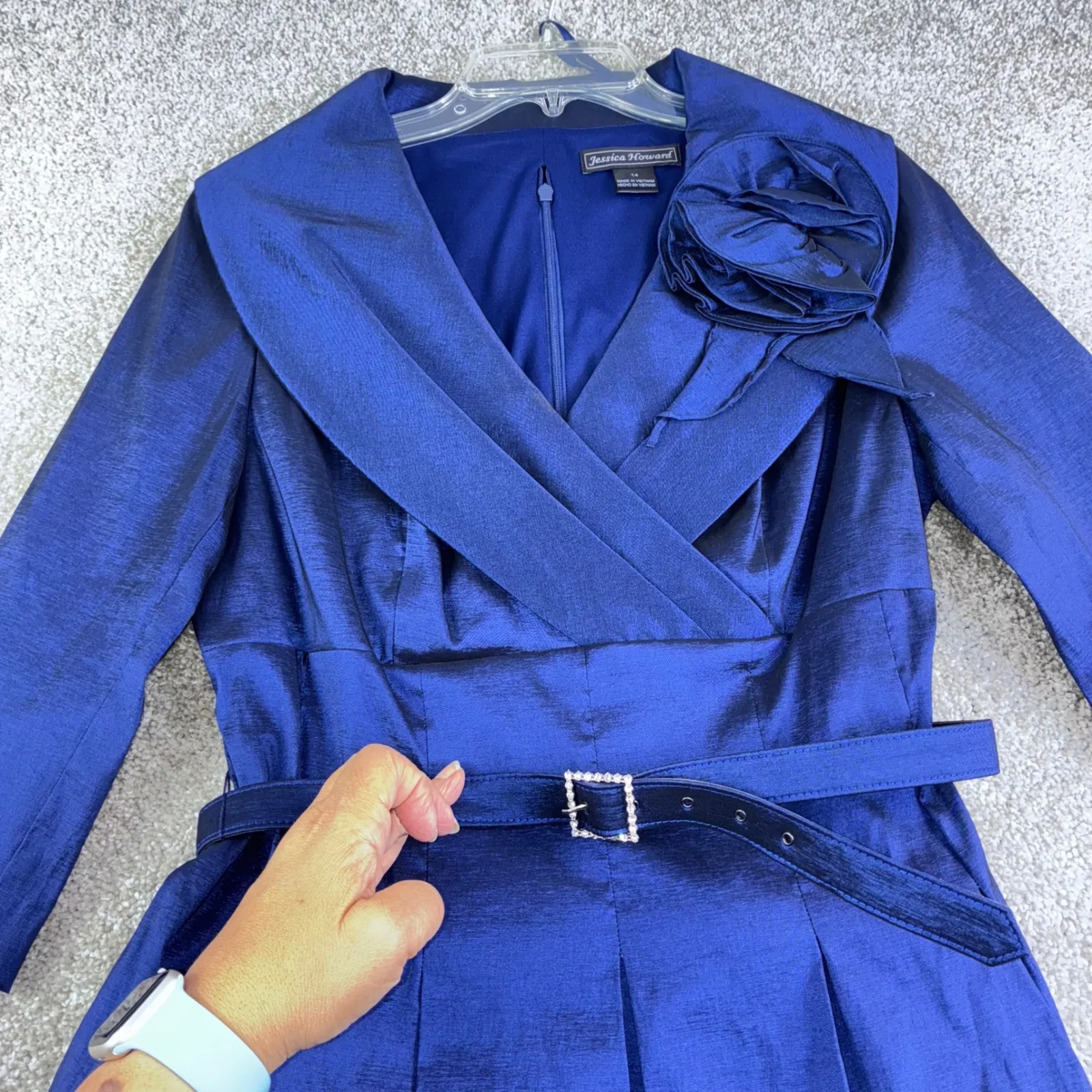 Jessica Howard Womens 14 Royal Blue Jacquard Midi Dress with Flower Accent Party - Image 4