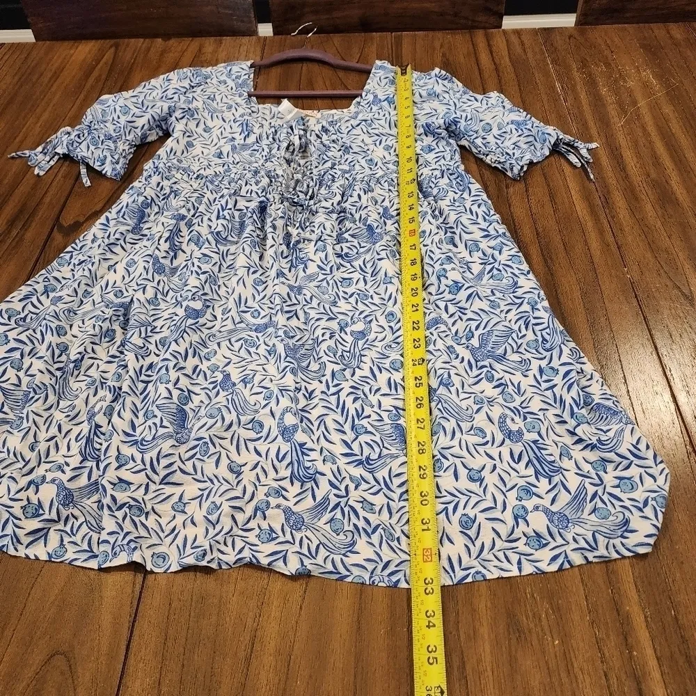 Banjanan Jardin delph Bird Front Tie short sleeve babydoll Mini Dress sz small Blue - Image 11