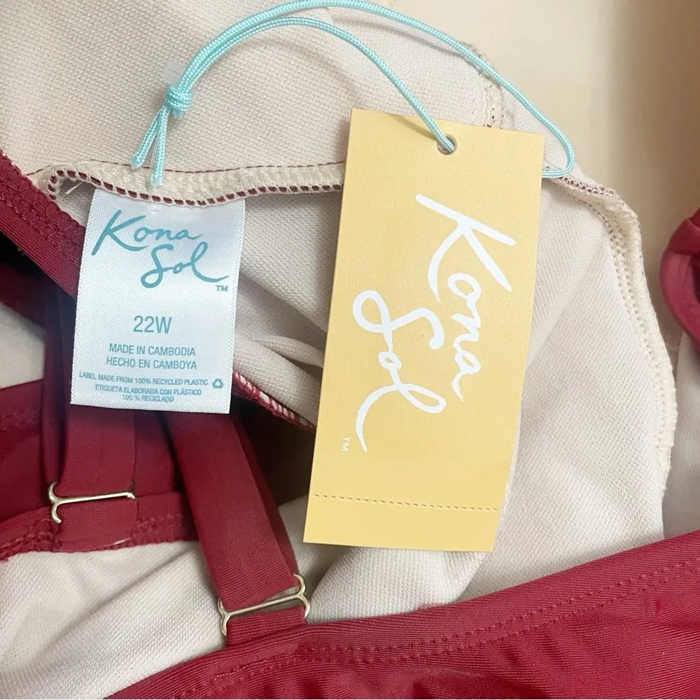 NWT Kona Sol One Piece Swimsuit Size 22W Brick Red Ruffle Strap Ruched Plus Size - Image 12