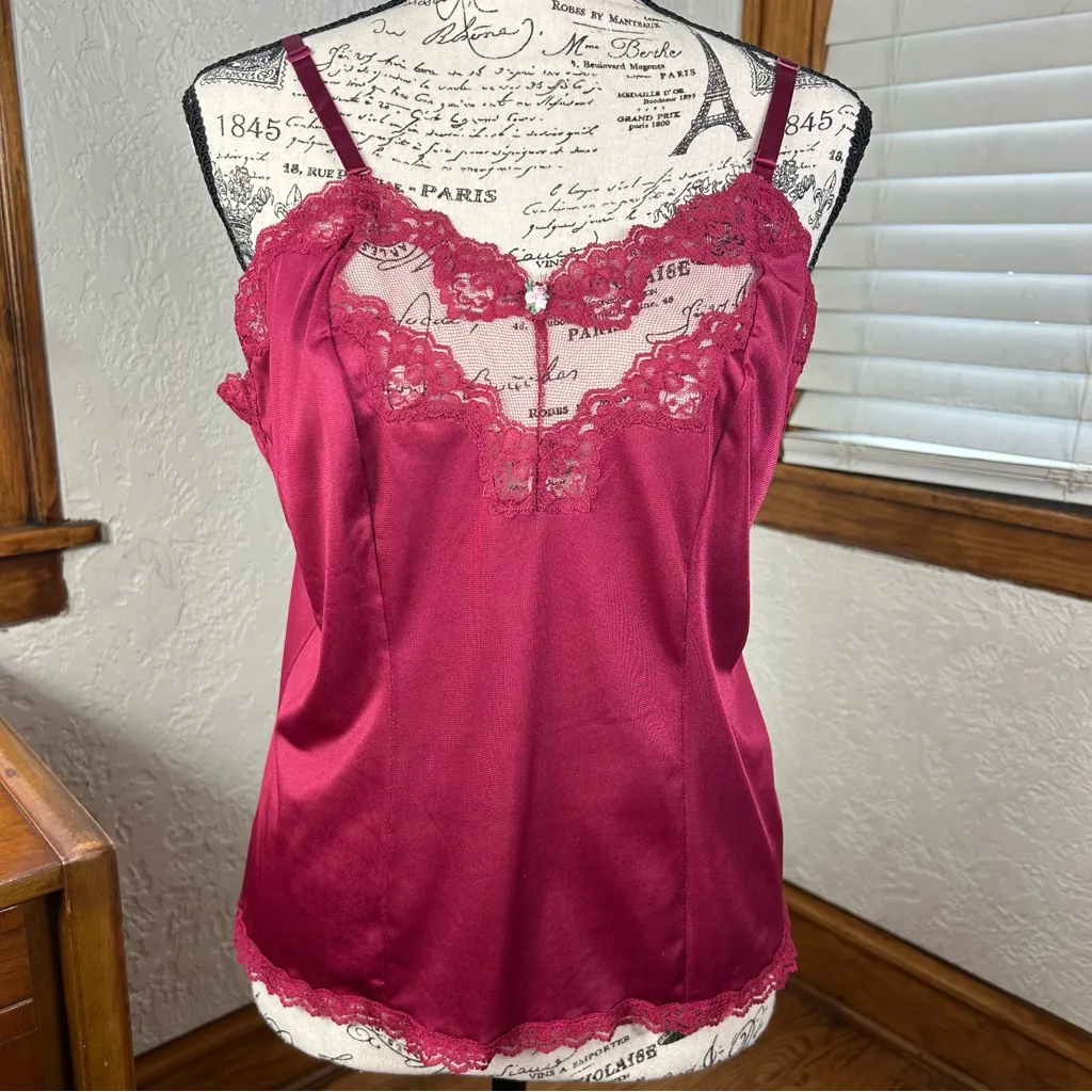 Vintage 80’s Bari Silky Nylon Lace Burgundy Camisole Size M Red Size M - Image 2