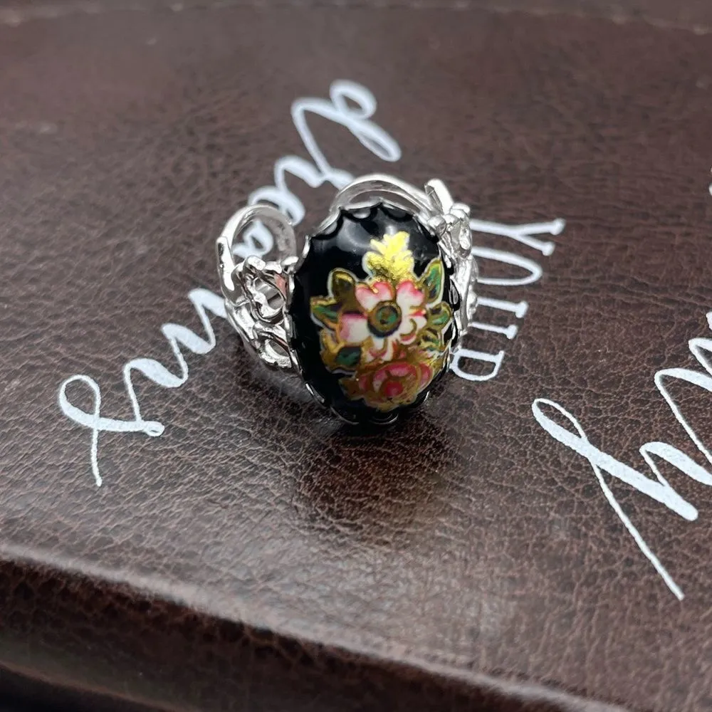 Vintage Floral Glass Cameo Ring | Adjustable Stainless Steel | Holiday Gift Black - Image 11