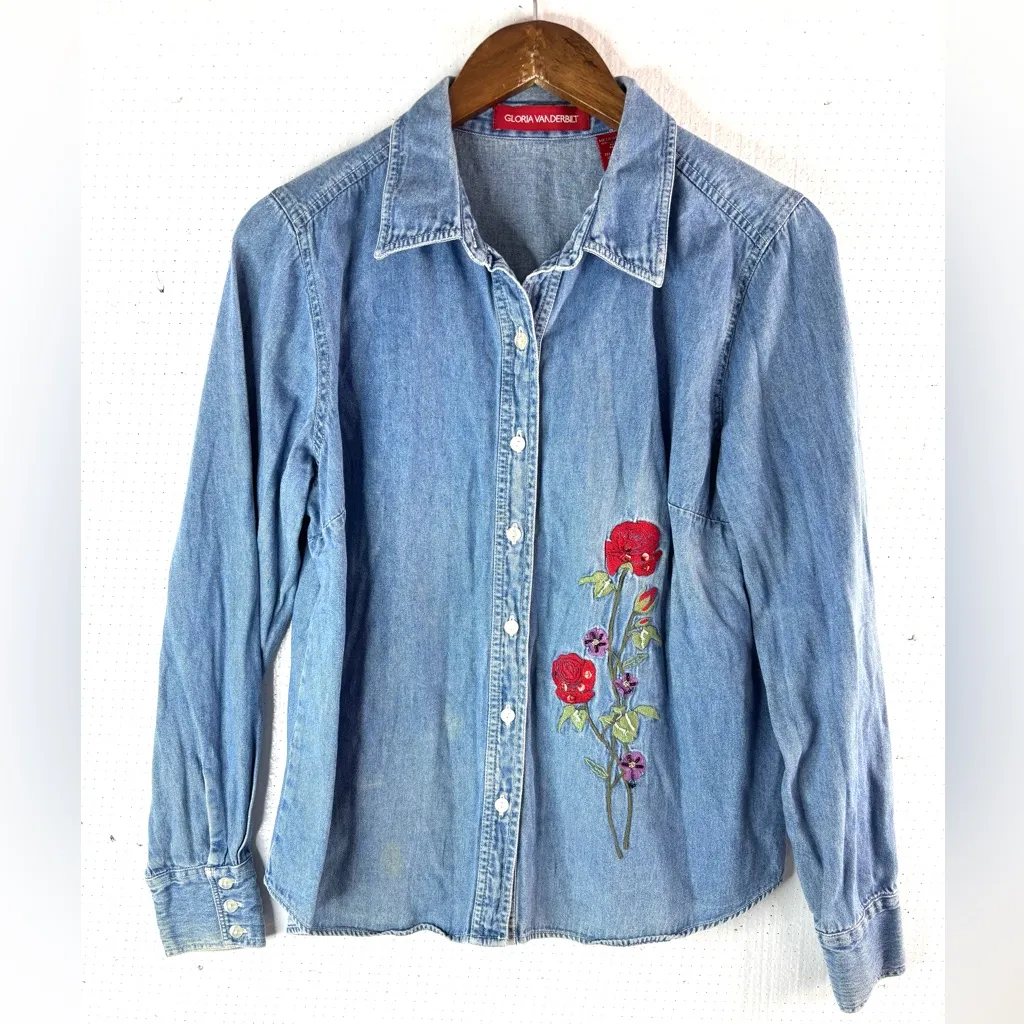 Gloria Vanderbilt M Rose Embroidered Blue Denim Button Down Shirt Top - Image 7