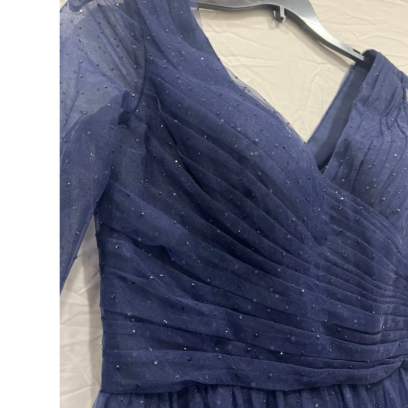 La Femme Sheer Fit & Flare Cocktail Dress Rhinestone Tulle Midnight Navy Blue - Image 6