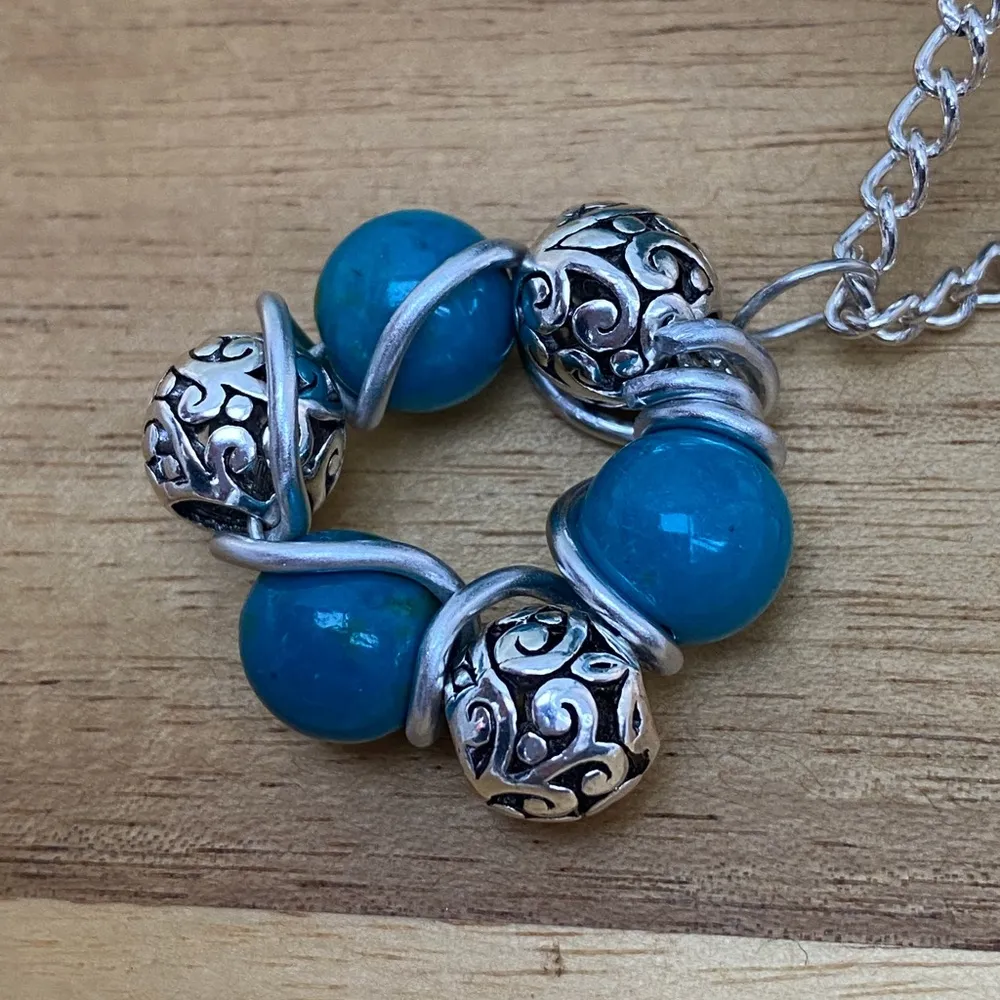 New Handcrafted Artisan Wire Wrapped Chrysocolla Stone & Filigree Bead Necklace Blue - Image 5