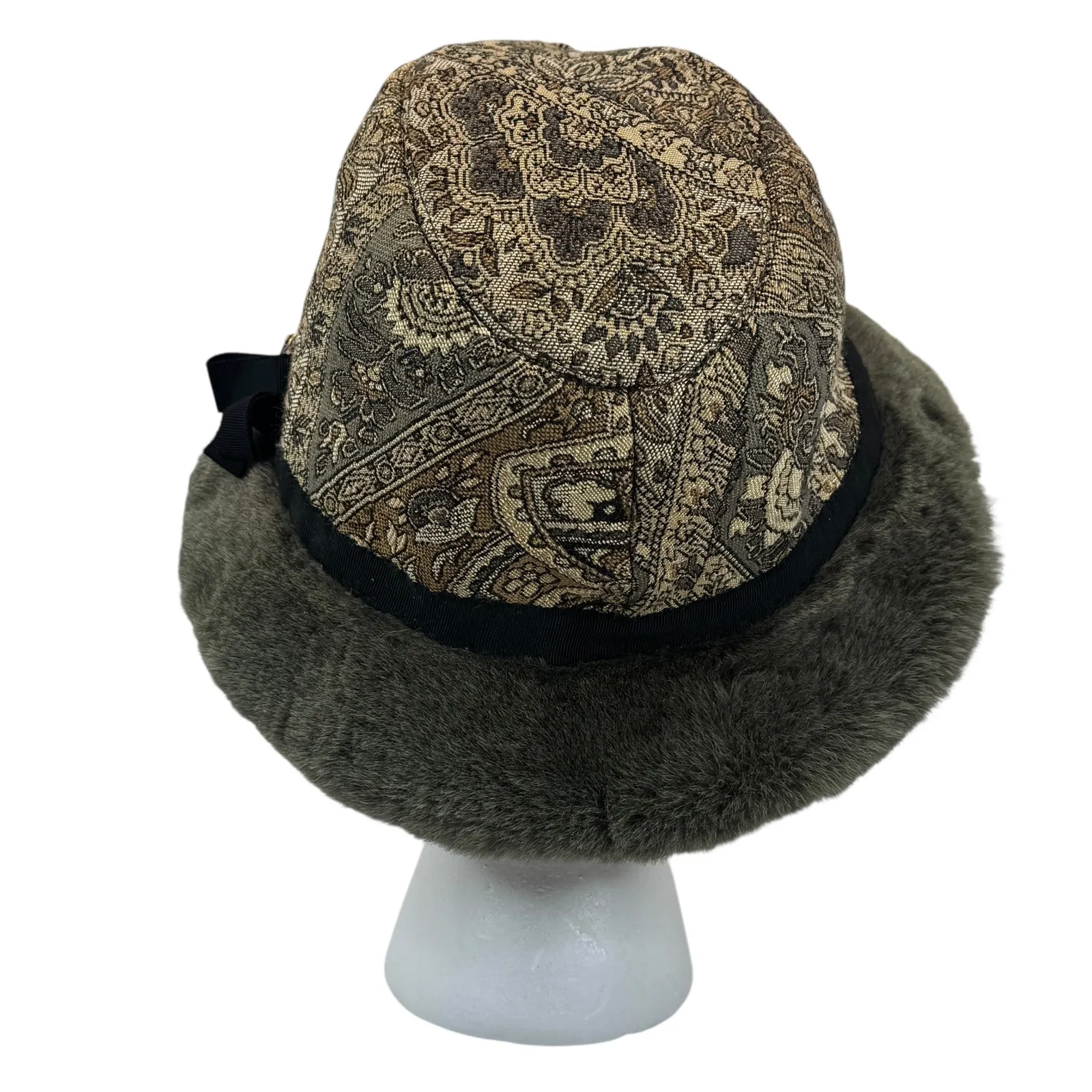 Burberry Brit Tapestry Faux Fur Bucket Hat Womens One Size Vintage Boho Winter Brown - Image 11