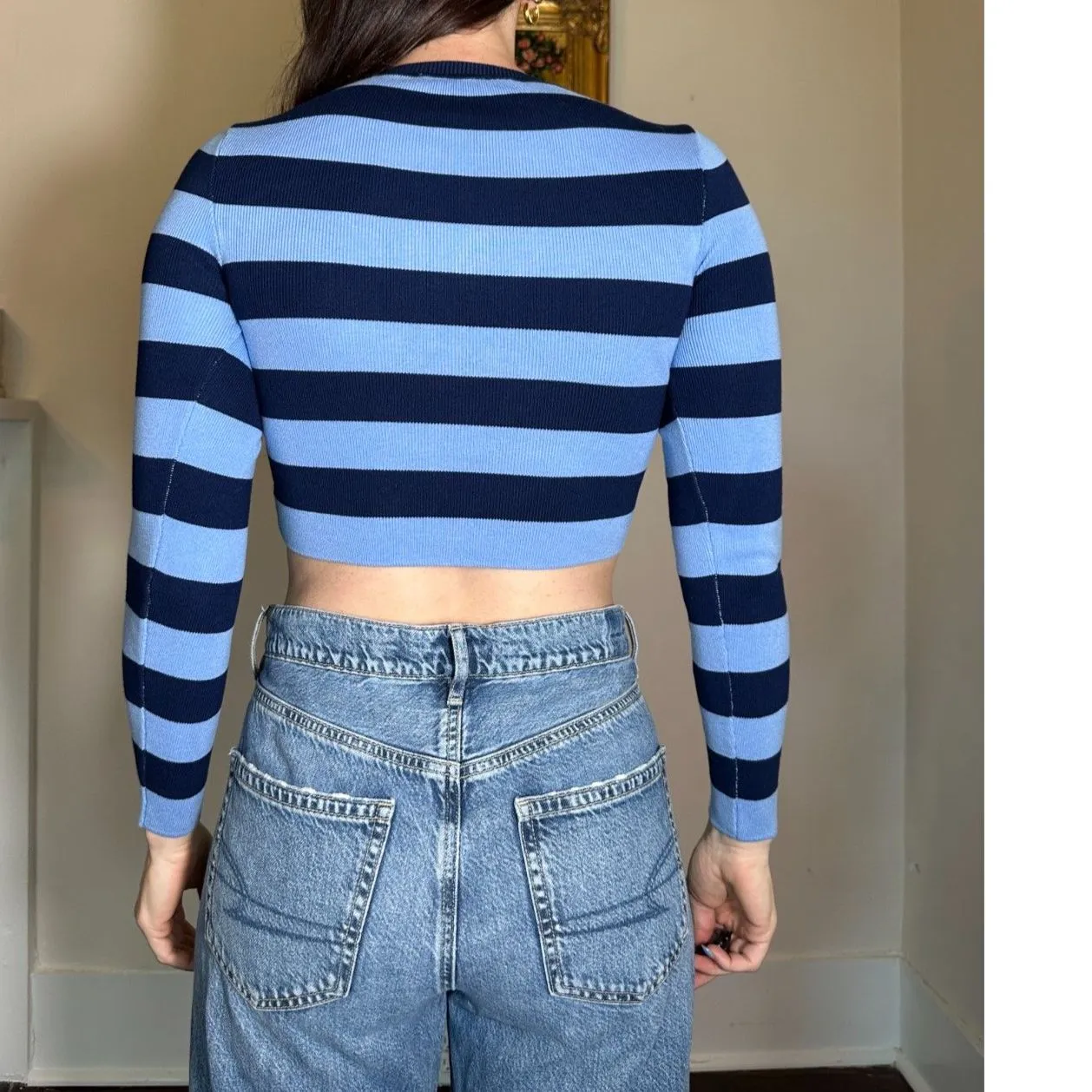 Zara Preppy Blue Striped Cropped Sweater Size Small - Image 3