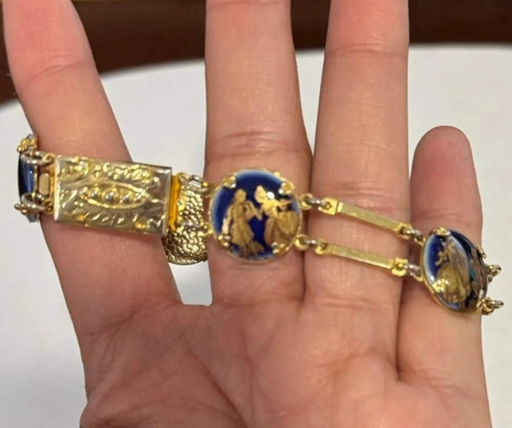 Vintage 30s Porcelain Courting Couples Transferware Cabochon Gilt Brass Bracelet Gold - Image 7
