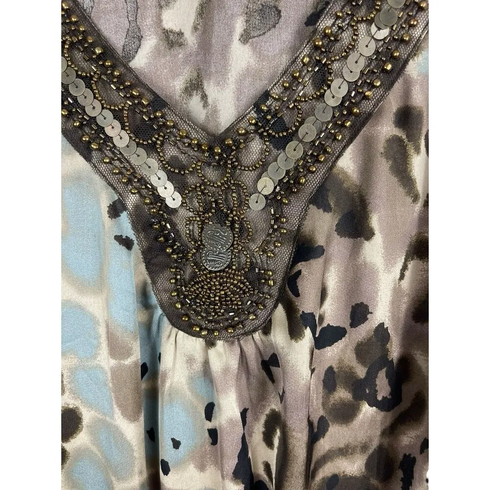 Dressbarn Animal Print Blouson Earth Tone Beaded V - Image 3