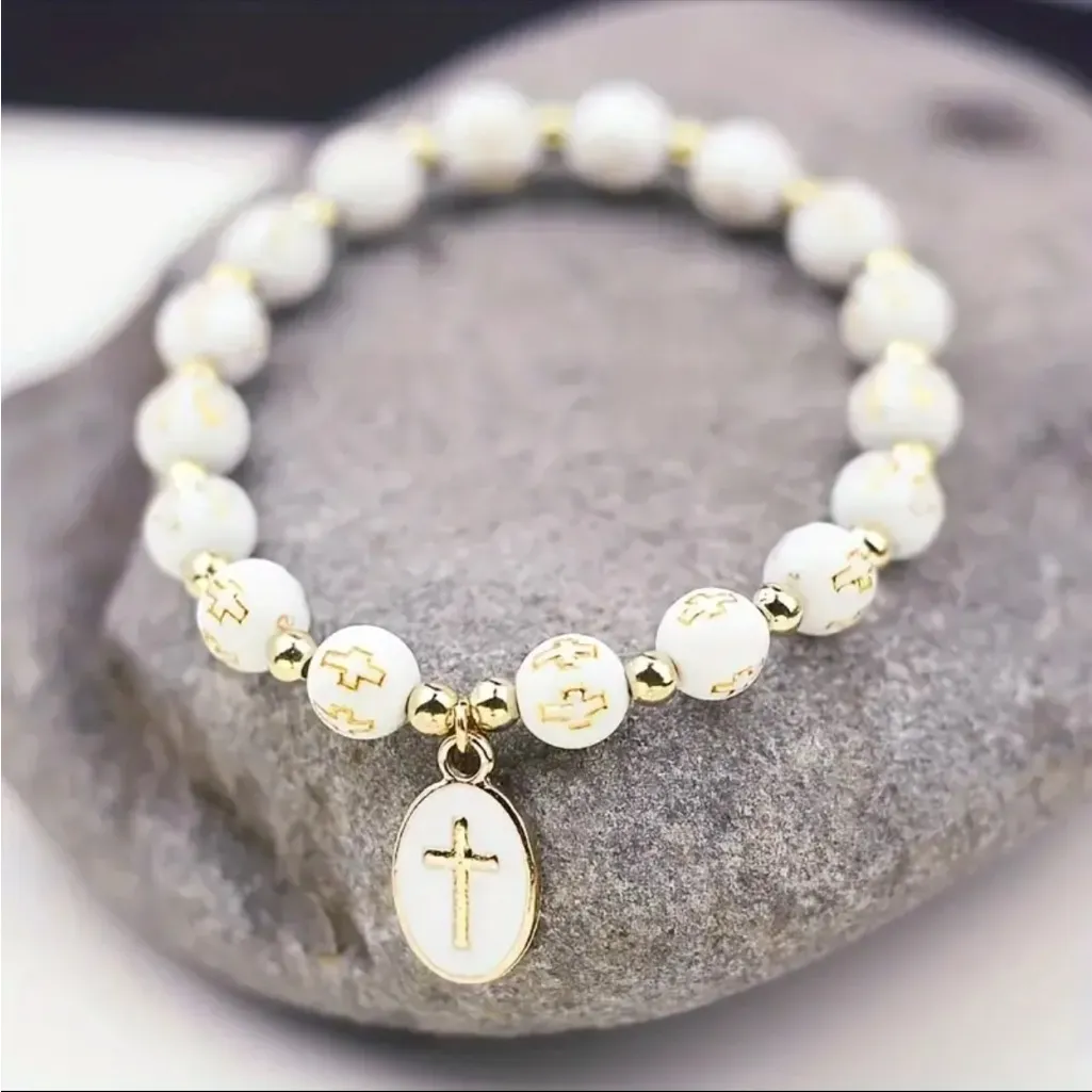 White Stylish Elastic Beaded Cross Charm Bracelet Enamel‎ Oval Cross Bead Accent - Image 8