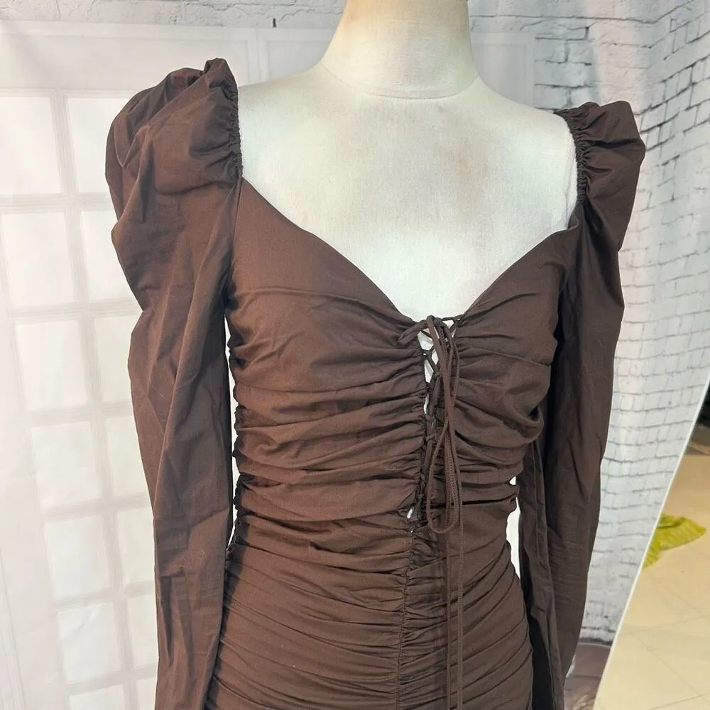 Zara Brown Long Sleeve Puff Sleeve ruched Body con Dress Size S - Image 6