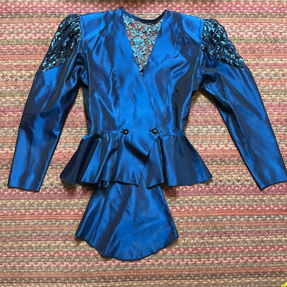 80s VTG BLUE Iridescent STRUCTURED PEPLUM BLAZER WITH TRAIN BRIDAL Size M - Image 7