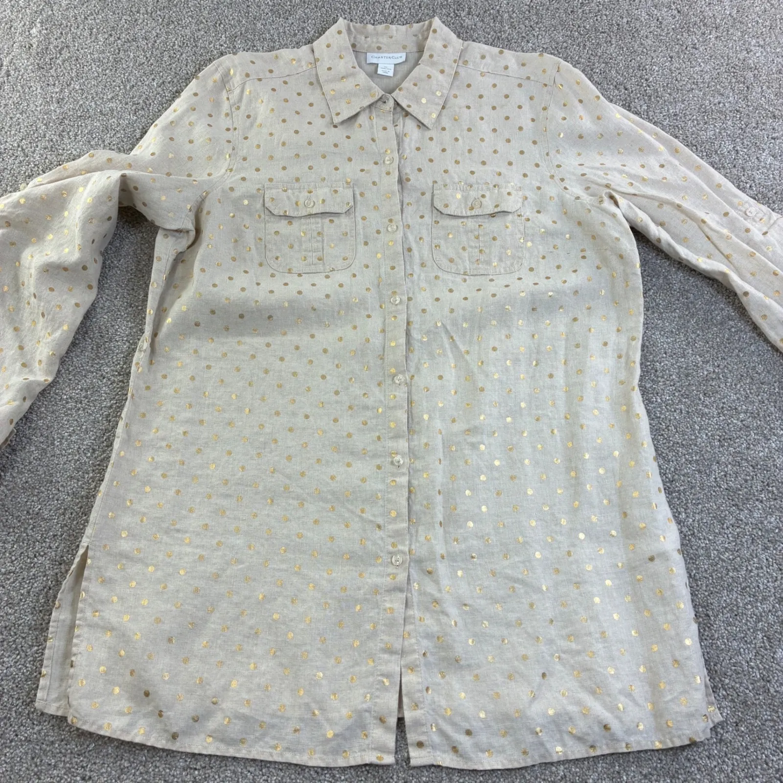 Charter Club Womens XL Beige Gold Dot Linen Button Up Tunic Retro Casual Resort - Image 1