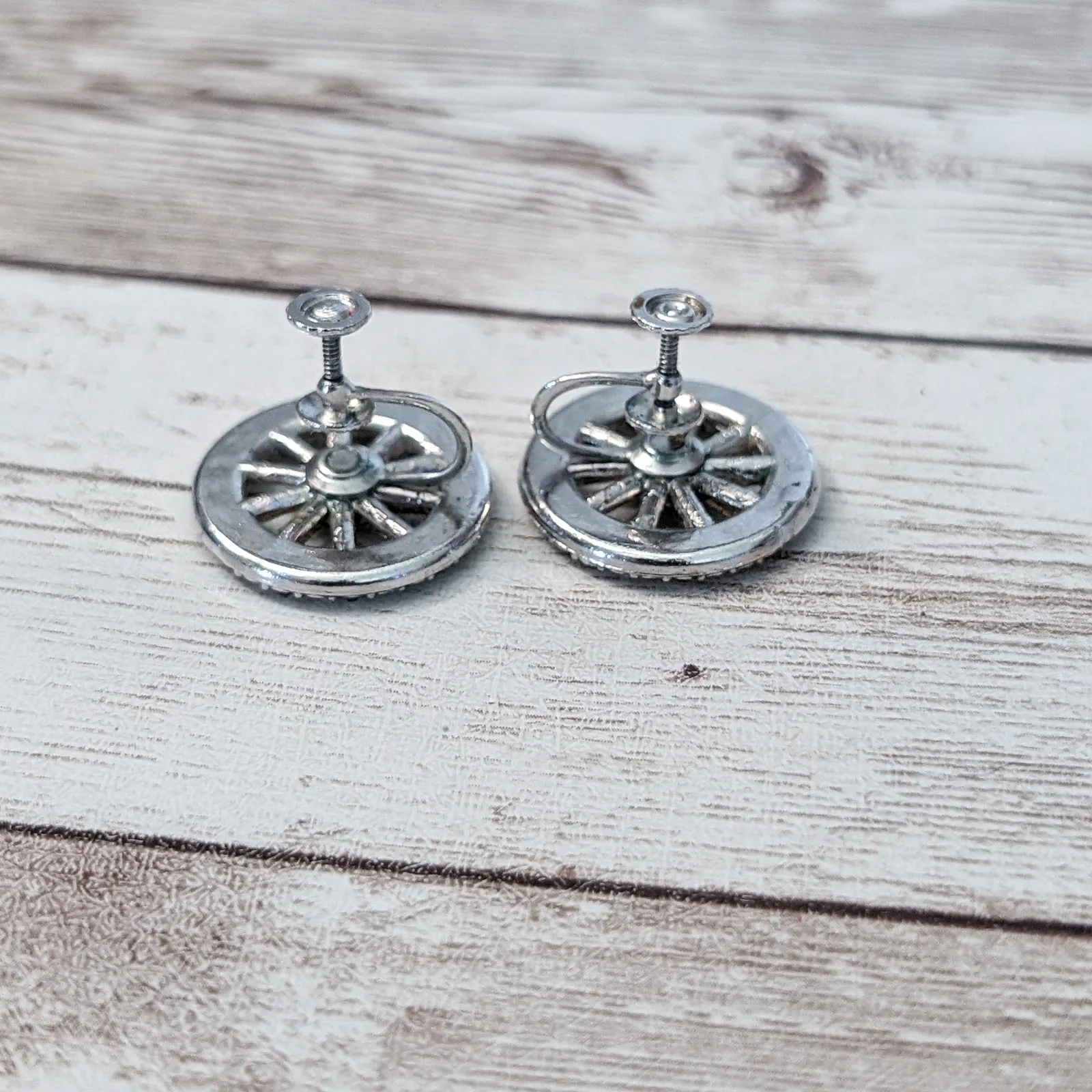 Vintage Screw On Earrings Silver Tone Wheel with Clear Gems - Image 7
