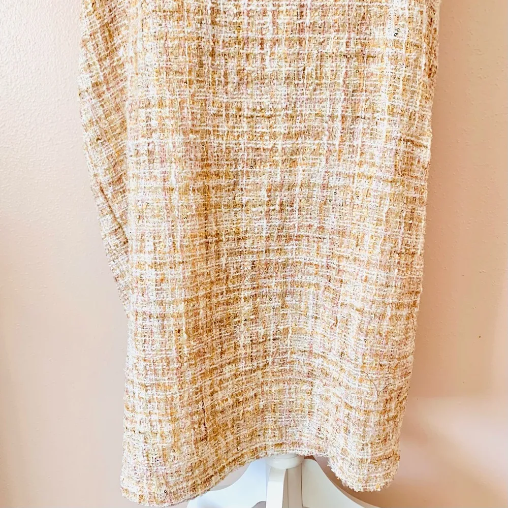 DM Fashion Beige, Pink & Gold Tweed Sequins Flutter Sleeve Dress. Size 1X - Image 7